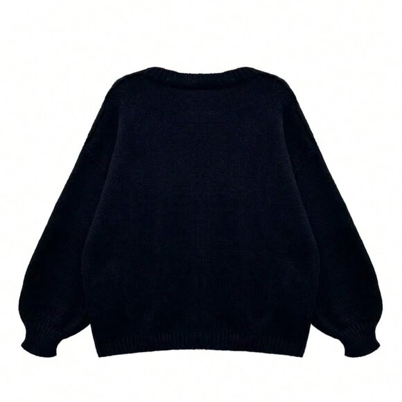 Black Casual Loose Women's Round Neck Lantern Sleeve Cardigan - Picture 7 of 7